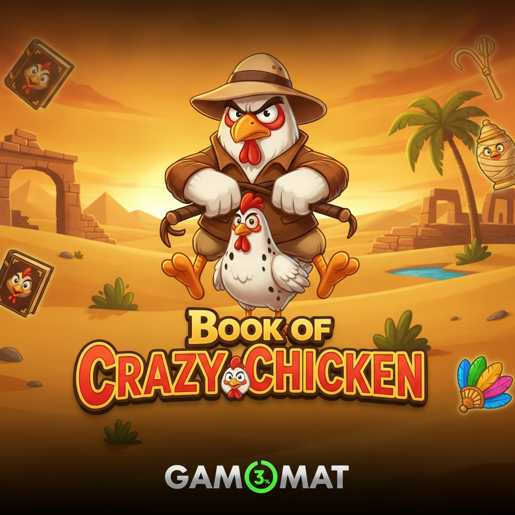 Book of Crazy Chicken slot cu pui explorator în deșert egiptean, piramide și simboluri cu carte magică