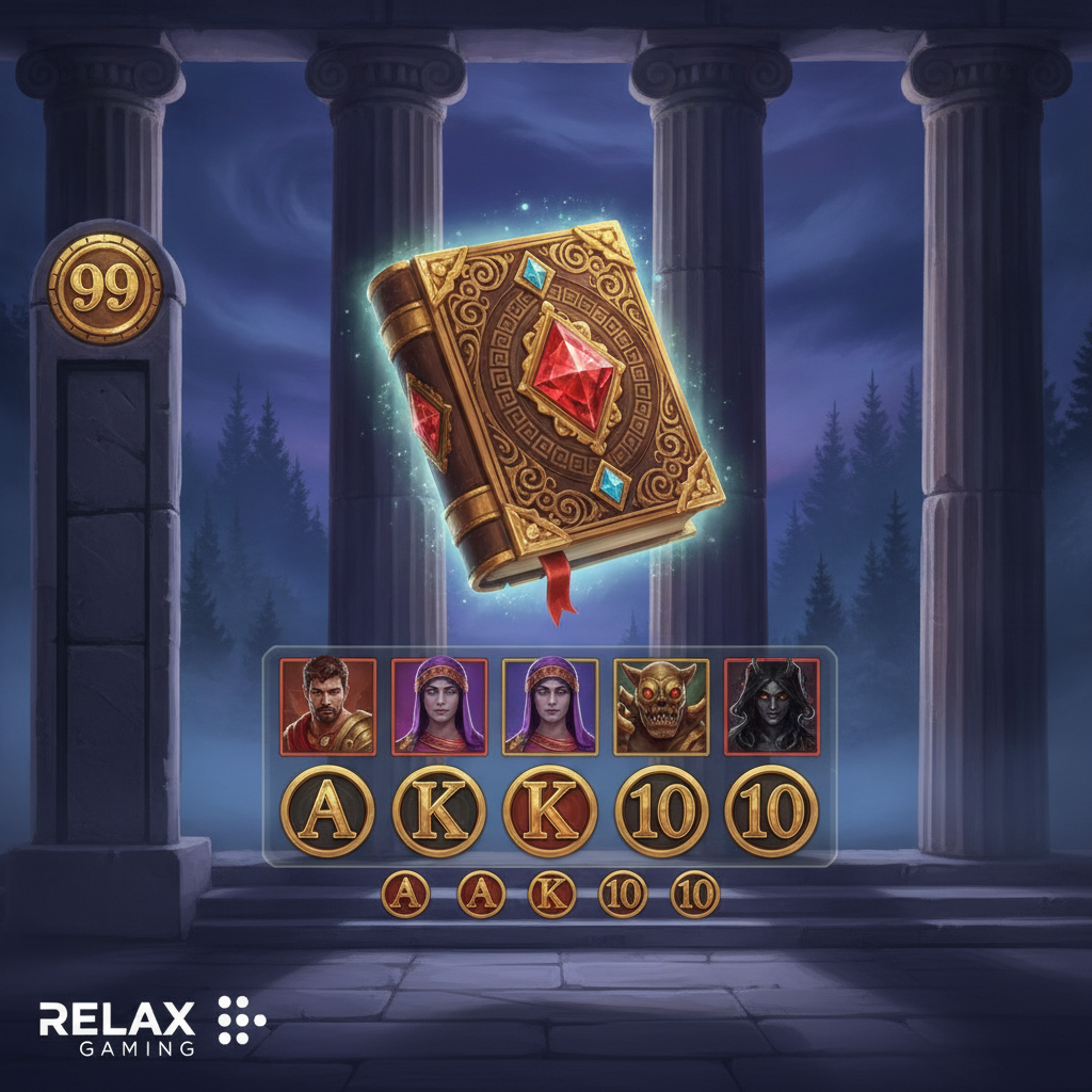 Book of 99 slot cu templu grecesc antic, coloane ionice, carte magică aurită cu cristale roșii, atmosferă misterioasă albastru-violet, simboluri grecești mitologice