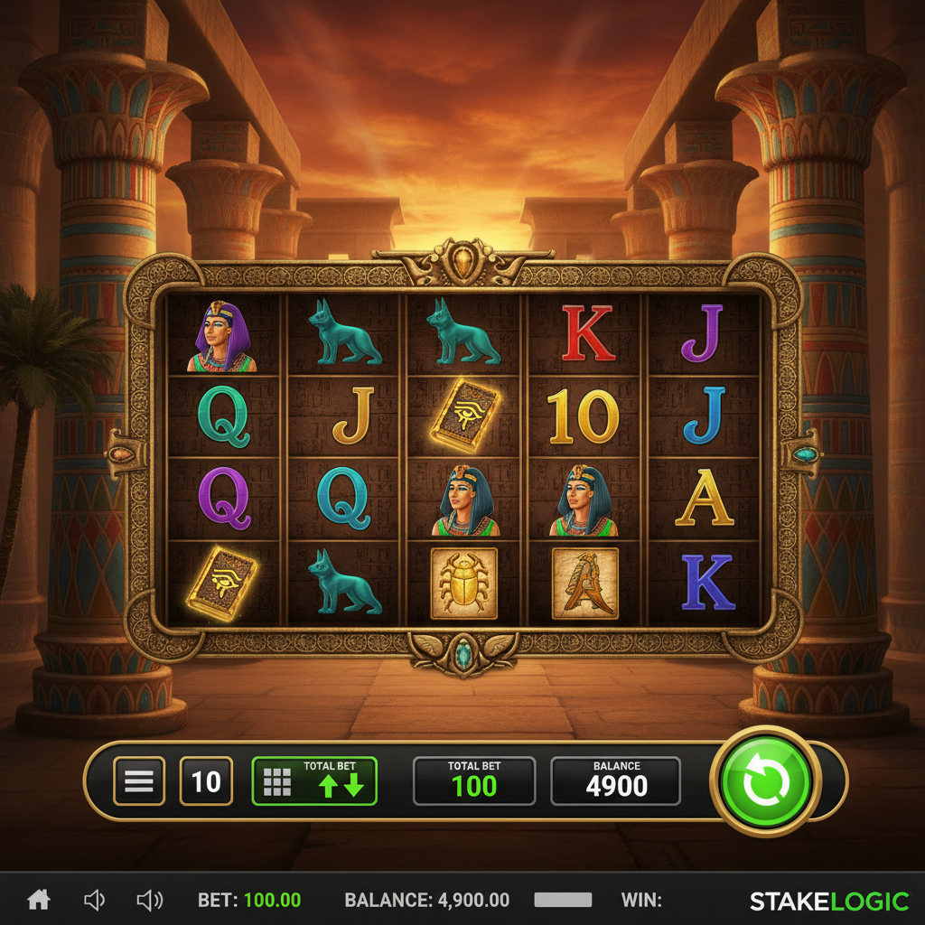 Book of Cleopatra slot cu temple egiptene, cartea legendară cu Ochiul lui Ra, simboluri ale Cleopatrei și faraonului pe role aurii