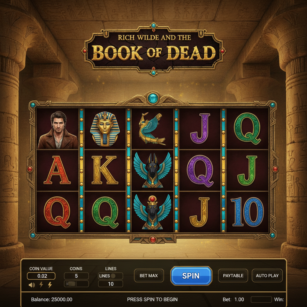 Rich Wilde and the Book of Dead - role de slot cu tematica Egiptului Antic, simboluri cu zeități egiptene Anubis, Horus, Pharaoh și exploratorul Rich Wilde pe fundal de templu auriu cu hieroglife