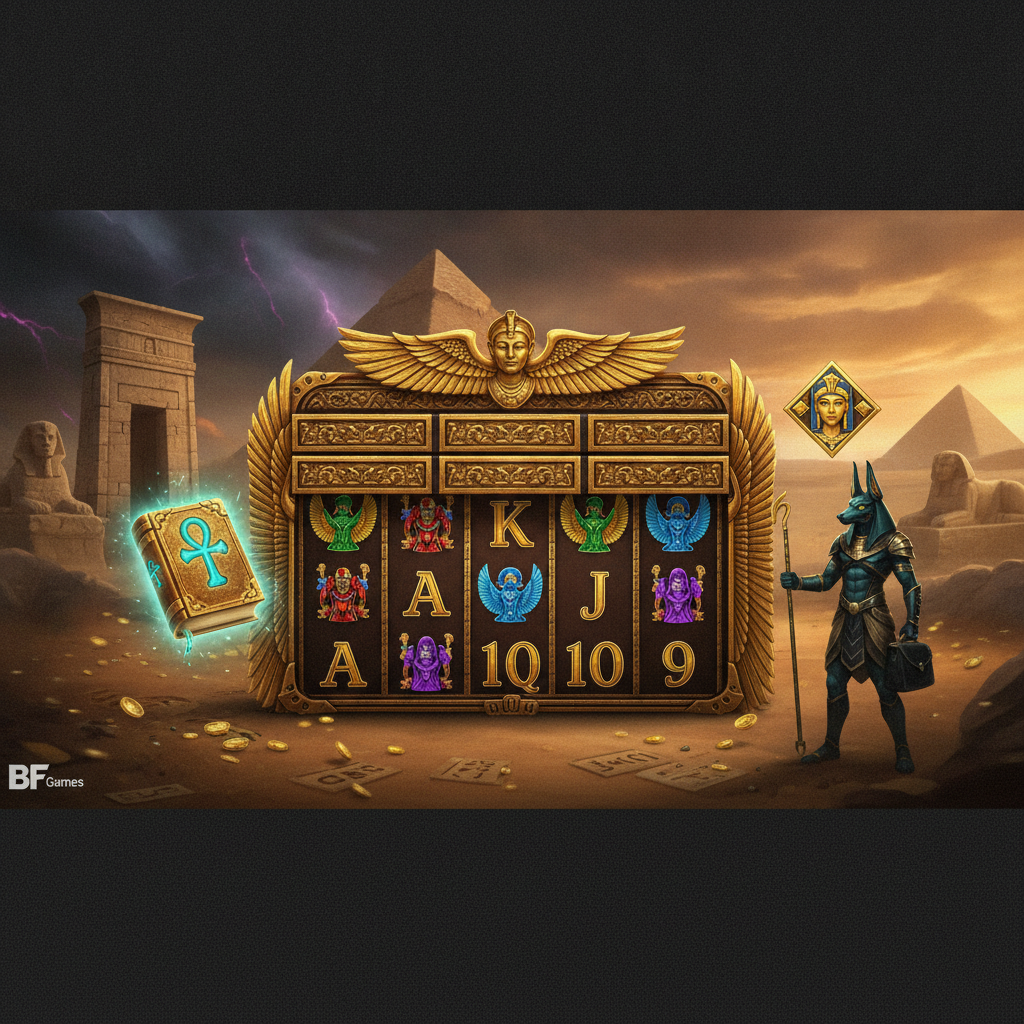 Book of Gates slot cu zei egipteni Anubis și Isis, scripturi aurii hieroglife și simbol carte sacră scatter pe fundal piramide în desert