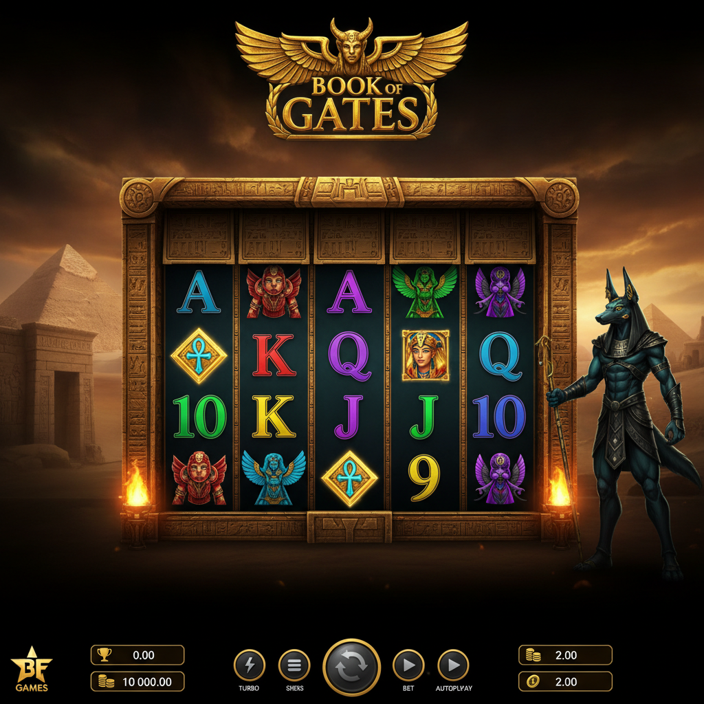 Book of Gates slot egipțean cu Anubis, piramide și rolele aurii ornamentate cu divinități egiptene, simboluri Wild și Scatter