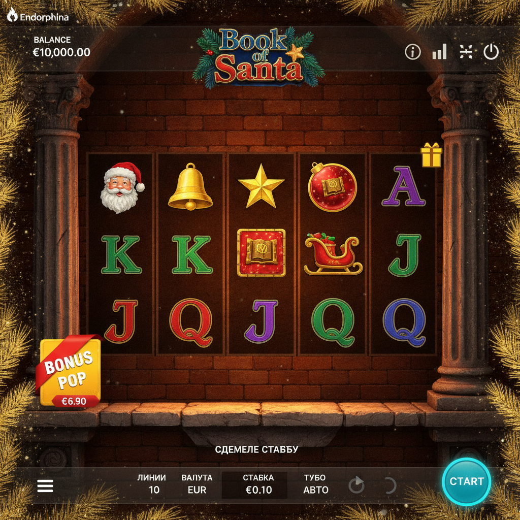 Book of Santa slot Crăciun cu simboluri de Moș Crăciun, clopot auriu, sanie și carte magică scatter wild pe 5 role cu fundal de cărămidă și decorațiuni festive