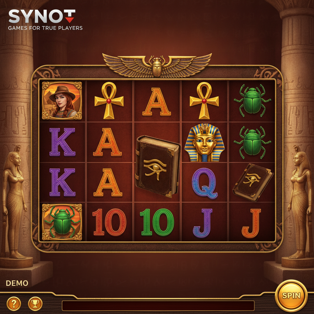 Book of Secrets slot cu 5 role temă Egiptul Antic, simboluri: cartea aurită cu Ochiul lui Horus, exploratoarea cu pălărie, masca faraonului, scarabeul verde și crucea Ankh