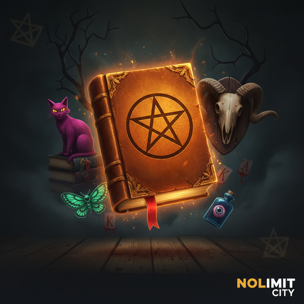 Book of Shadows slot: cartea de vrăji cu pentagramă aurie, tematică horror gotică întunecată cu simboluri oculte, pisică violetă și molii verzi