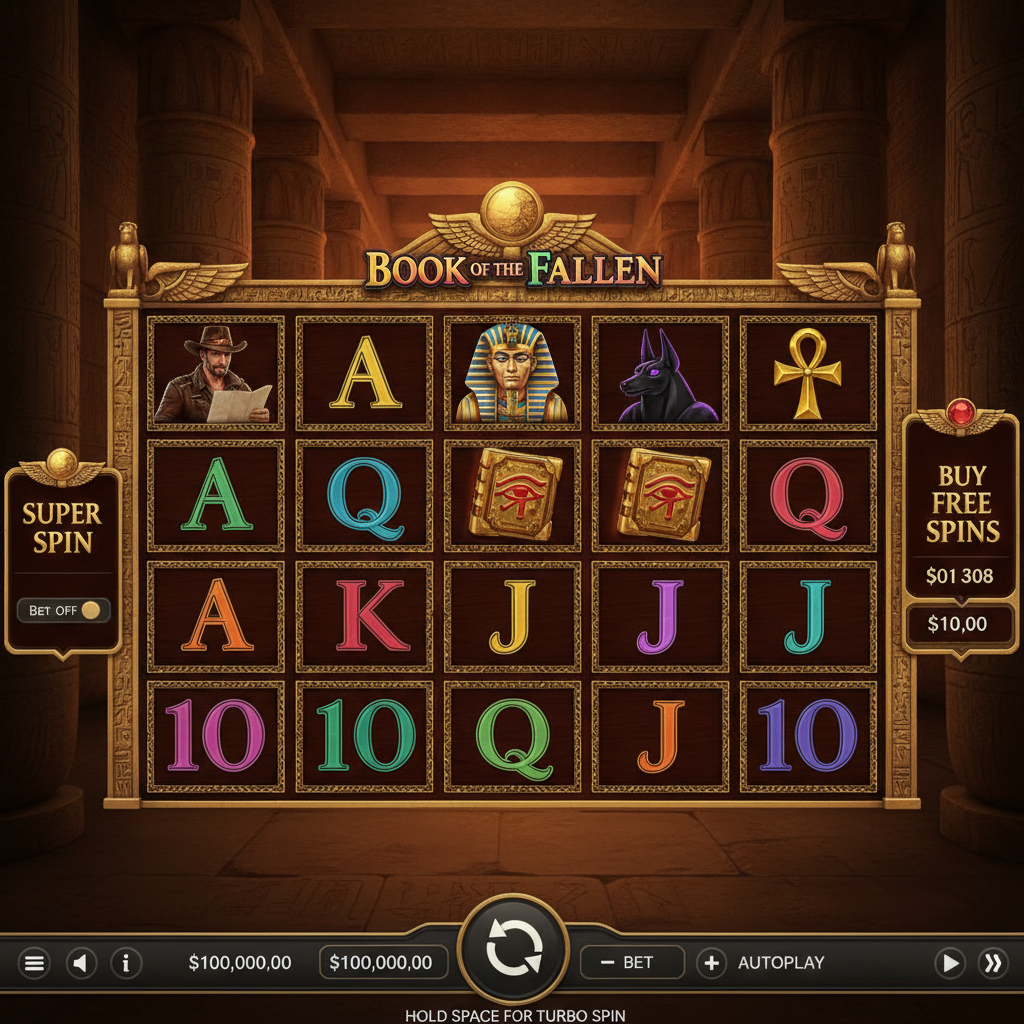 Book of the Fallen slot cu tematic Egyptian, explorator cu pălărie cowboy, faraon, Anubis, simboluri ankh pe 5 role în templu antic auriu