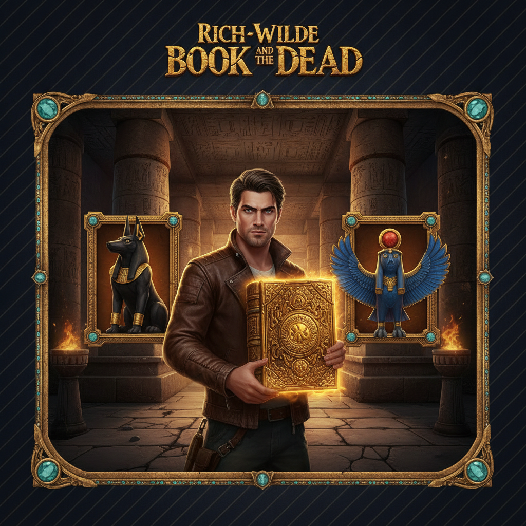 Rich Wilde and the Book of Dead - aventurier în templul antic egiptean cu cartea de aur, simbol scatter și wild, statuile zeilor Anubis și Horus