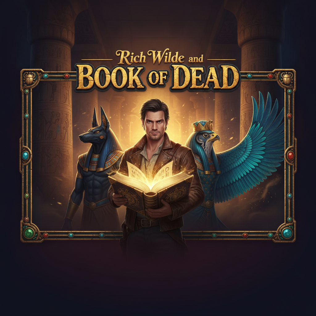 Rich Wilde and the Book of Dead - explorator în templu egiptean antic cu cartea aurită a morților, zei Anubis și Horus, simboluri cu hieroglife